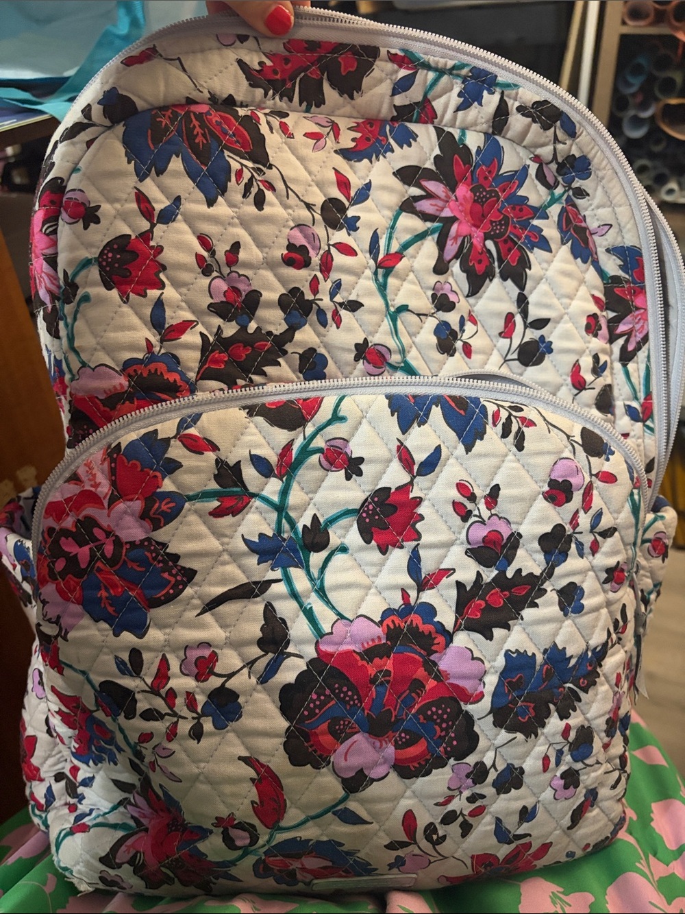 Vera Bradley Quilted Floral Backpack in White, Pink & Blue